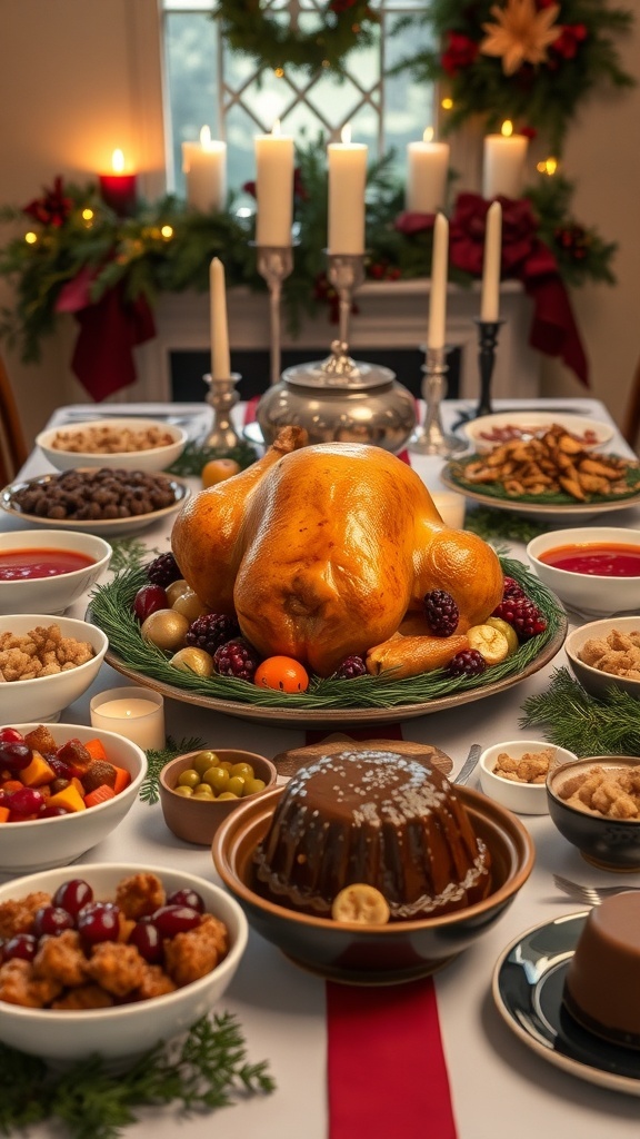 A festive English Christmas dinner with roast turkey, stuffing, roasted vegetables, and Christmas pudding on a decorated table.